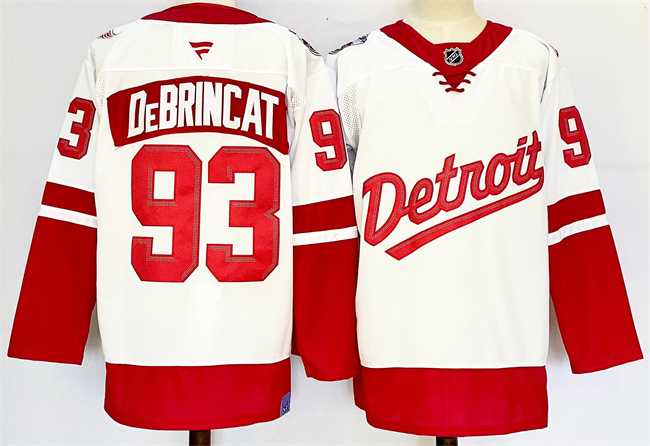 Mens Detroit Red Wings #93 Alex DeBrincat White Red 2024-25 Stitched Jersey